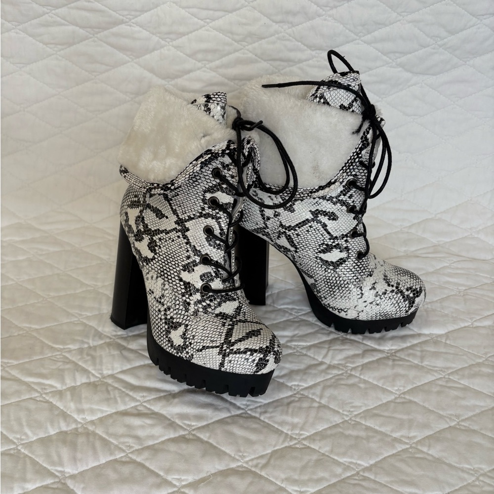 Toxic Total Bummer White Snakeskin Platform Lace-Up Heel Boots
